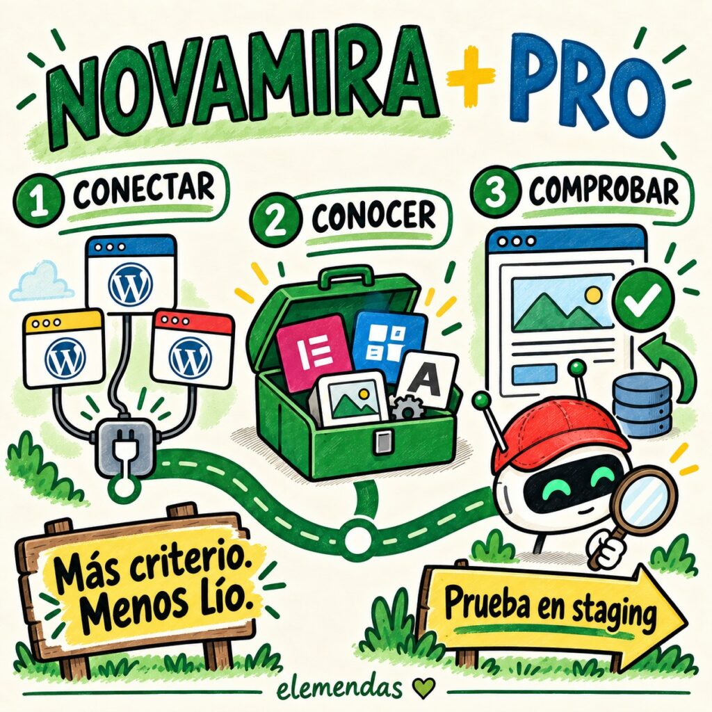 Resumen de Novamira y Pro en tres ideas — conectar sitios, conocer sus herramientas y comprobar cambios en staging.